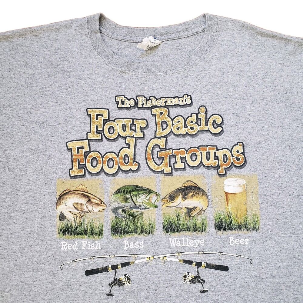 Vintage Y2K Fishing Four Basic Food Groups Size 2XL Mens Gray Funny T-Shirt Beer